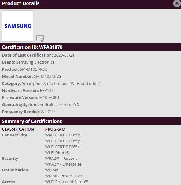 Samsung Galaxy M10 Android 10 update looks nearby suggests WiFi Alliance certification