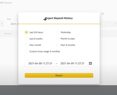 Screenshot of the transaction history export on Binance