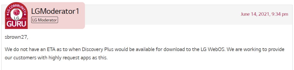 Moderator's reply to Discovery Plus app availability