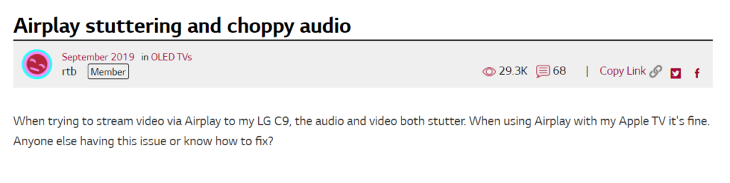 user comment for LG TV stuttering issue with Airplay