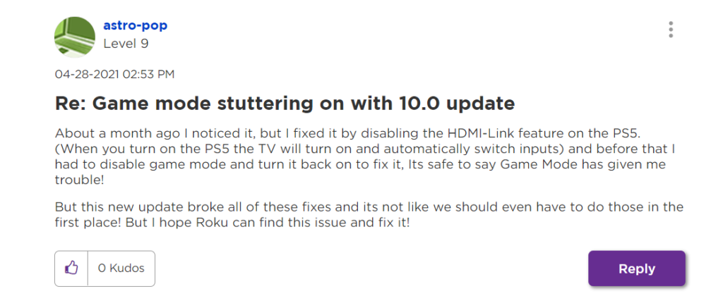 user comment on Roku TV game mode stuttering problem