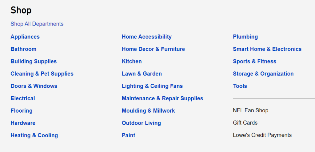 Lowe's app shop categories