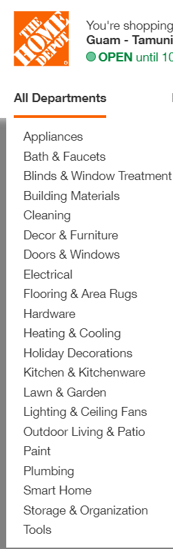 Home Depot app categories